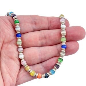 Vintage Heavy 33.7g Sterling Silver 925 Multicolor Glass Beaded Necklace 16"